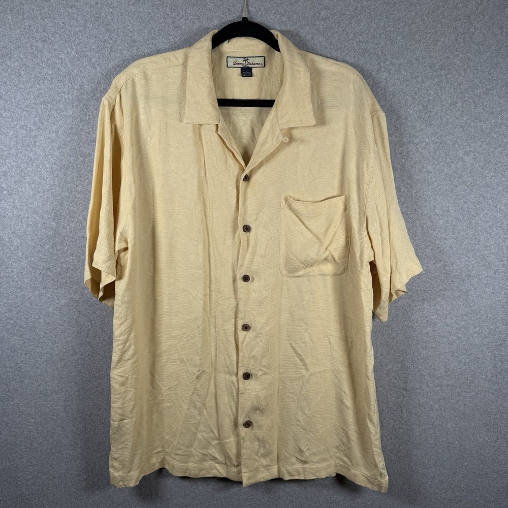 Tommy bahama silk button up mens large butter yellow hula girl floral printed